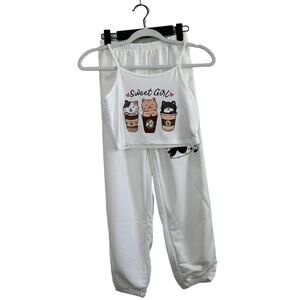 NWOT Girl's 3 Piece Sweatpant Tank Top Crop Set Kitten Love Animal White 8-10